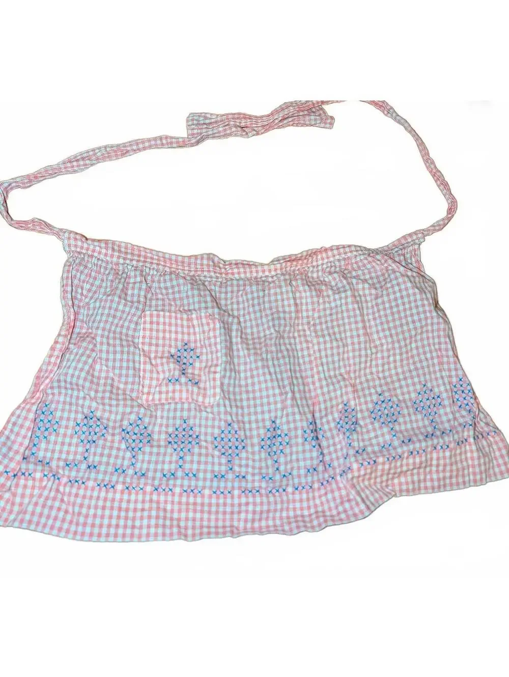 Pink and White Gingham Apron with Blue Embroidered Detail